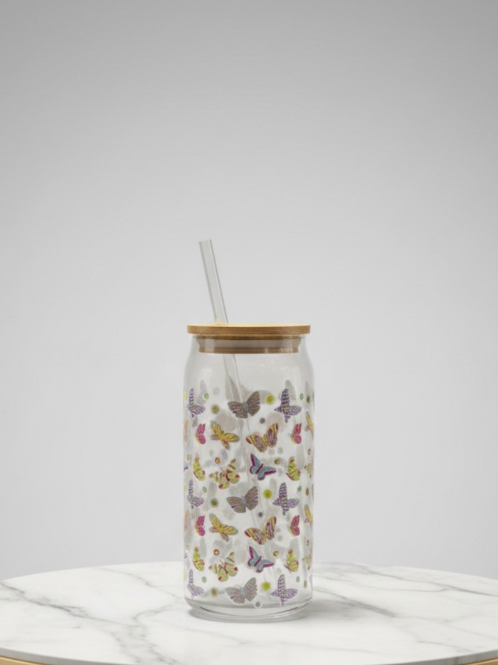 Glass Butterfly Drinking Jar with Bamboo Lid and Straw - Clear